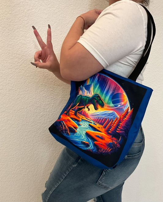 18" x 18" Inch Vibrant Rex Space Tote Bag, Dinosaur Bag, T Rex Bag, Colorful Bags, Vibrant Color Bag, Dinosaur T Rex Space Bag