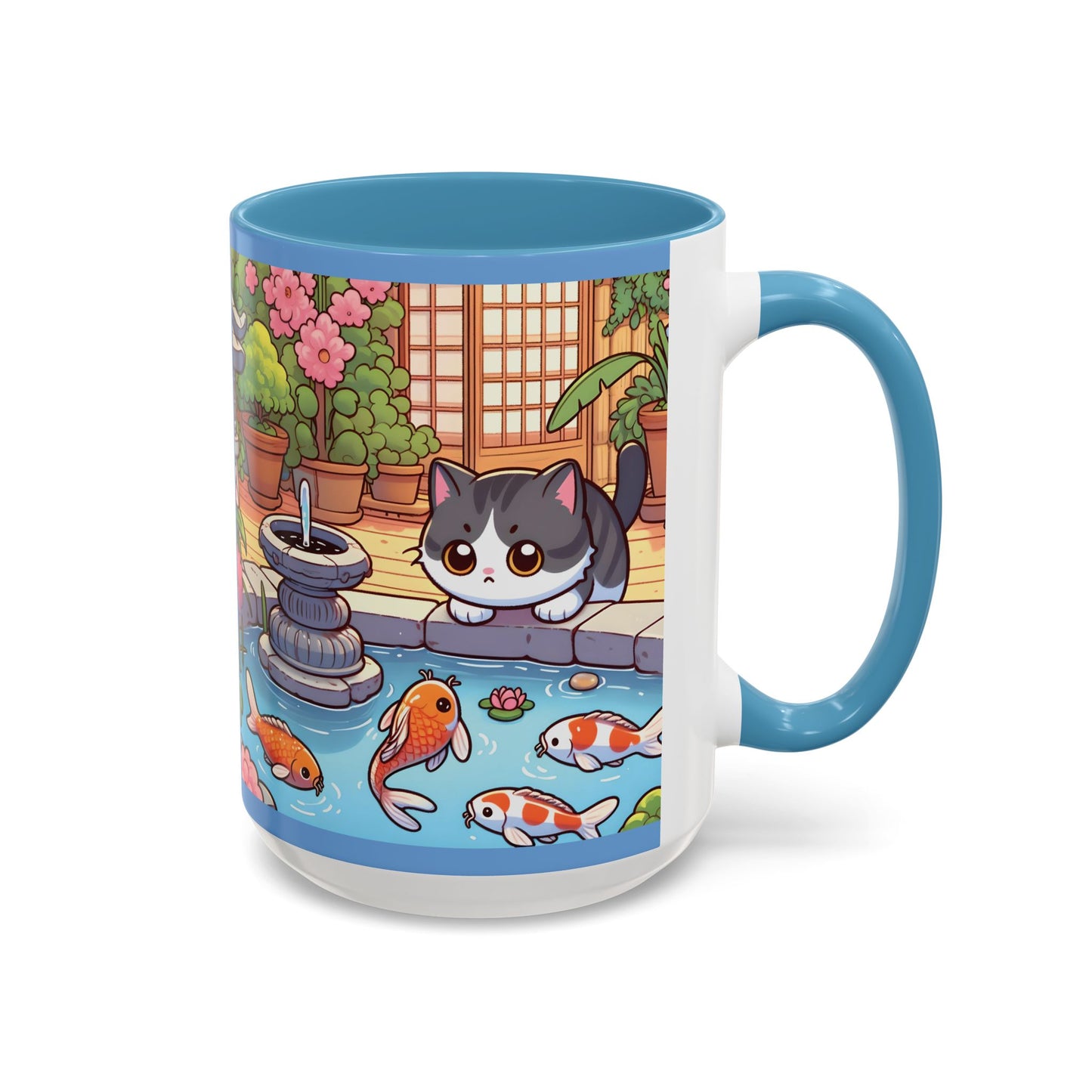 Kawaii Cat and Koi Pond 15 oz Mug, Cute Cat Mug, Cute Koi Mug, Cute Animal Mug, Anime Cat Mug