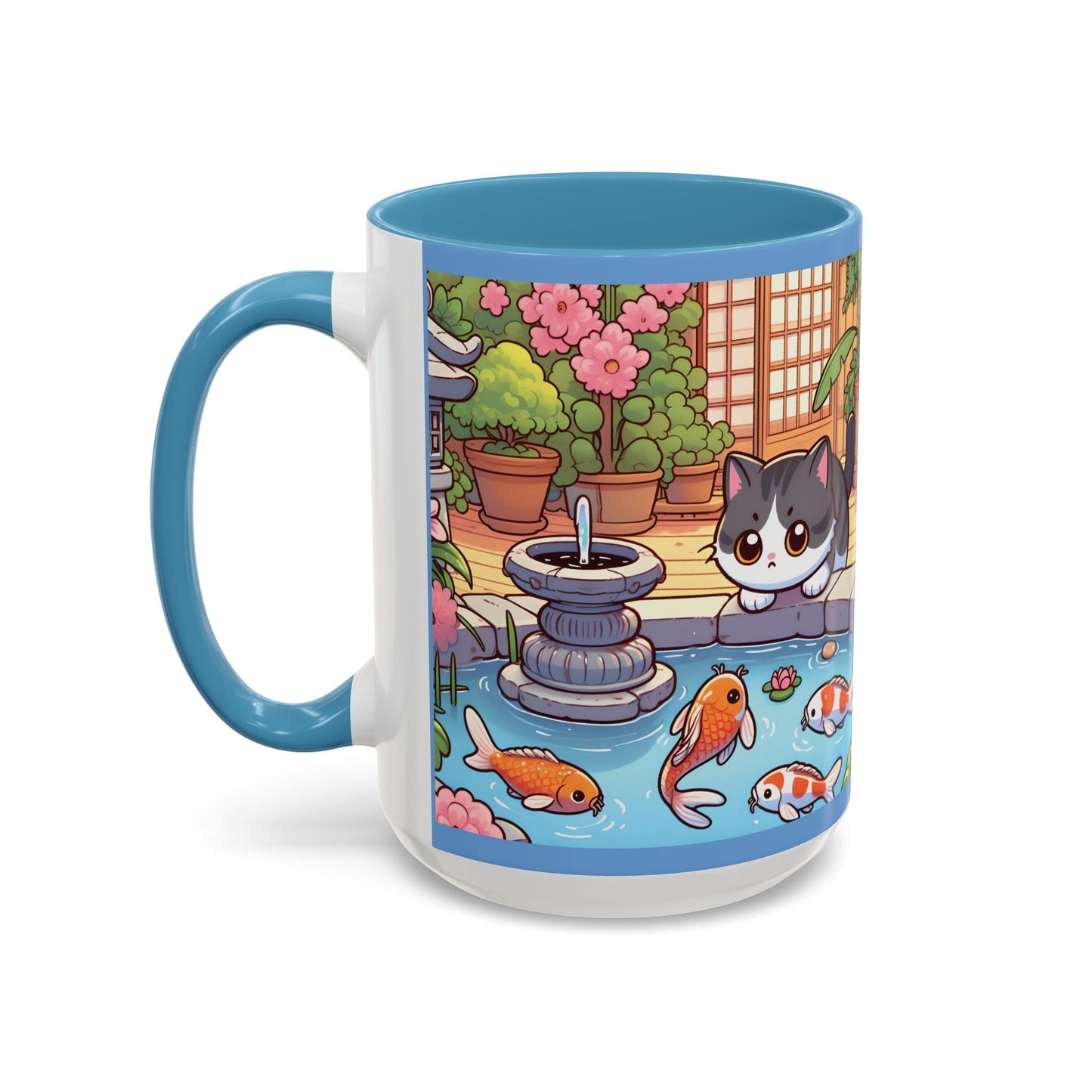 Kawaii Cat and Koi Pond 15 oz Mug, Cute Cat Mug, Cute Koi Mug, Cute Animal Mug, Anime Cat Mug