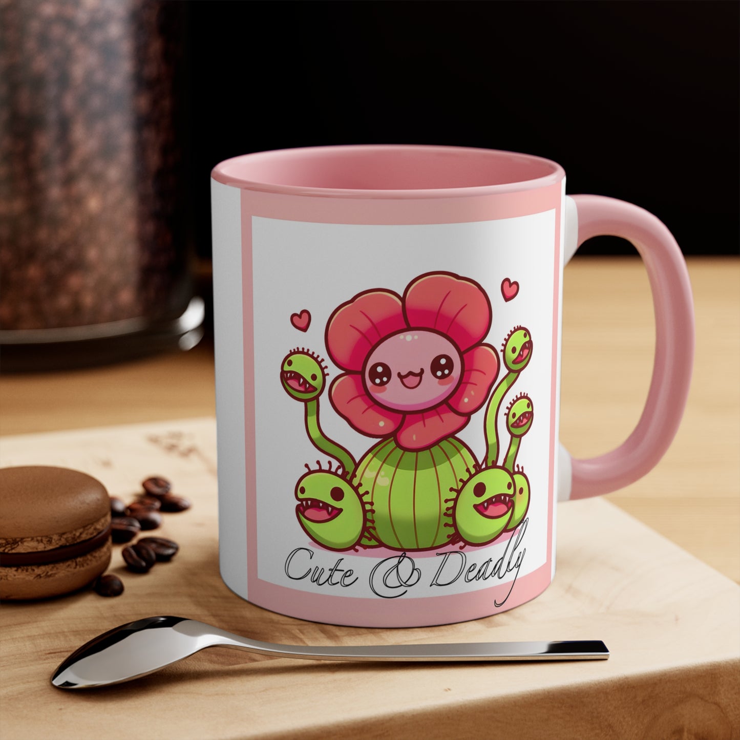 Cute and Deadly 11oz Accent Mug, Pink Mug, Carnivorous Plant, Floral Mug, Garden Mug, Gardener Mug, Cute Plant Mug, Cute Gardener Mug