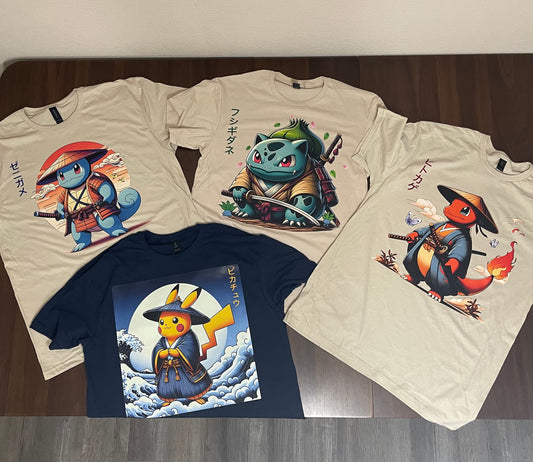 Bulbasaur, Charmander, Squirtle and Pikachu Samurai Japanese Traditional Art Kanji Kids/Adult Unisex Shirts