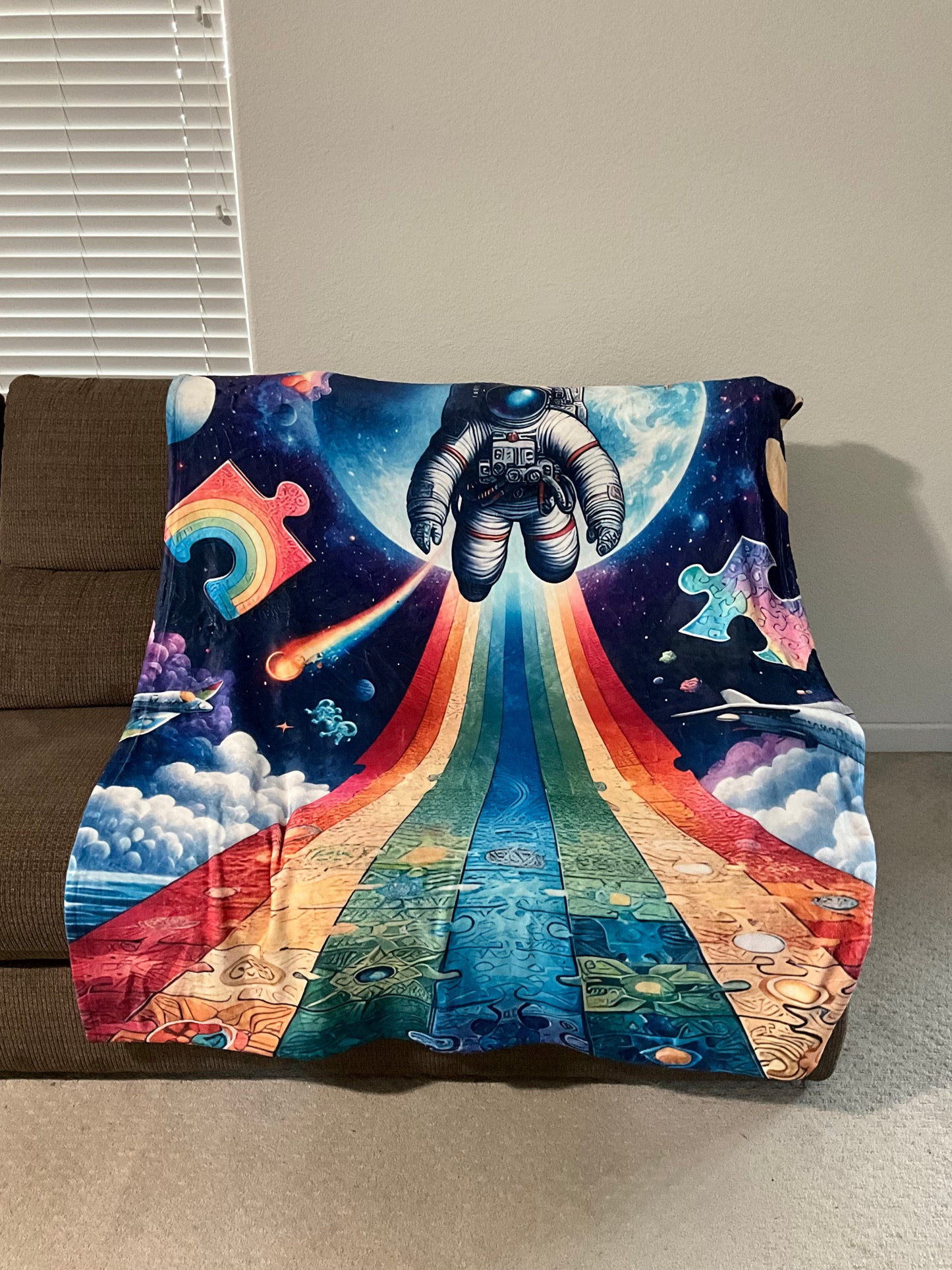 50" x 60 " Inch (Twin US) Autism Awareness Astronaut Puzzled Road Plush Blanket, Colorful Blanket, Rainbow Blanket, Space Blanket, Puzzle Blanket