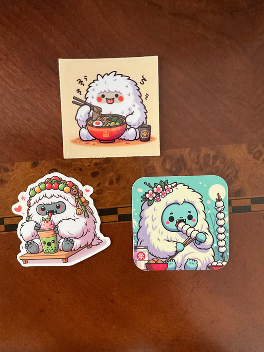 Yeti and Snacks Waterproof Stickers, Cute Halloween Stickers, Cute Bigfoot Yeti Stickers, Cute Kawaii Anime Monster Stickers