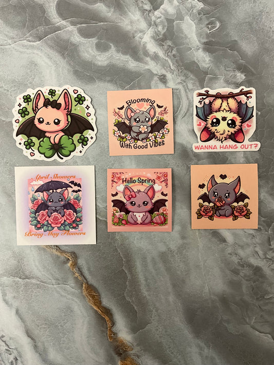 Spring Bat Waterproof Stickers, Cute Animal Bat Stickers, Cute Flower Stickers, Kawaii Anime Animal Bat Stickers