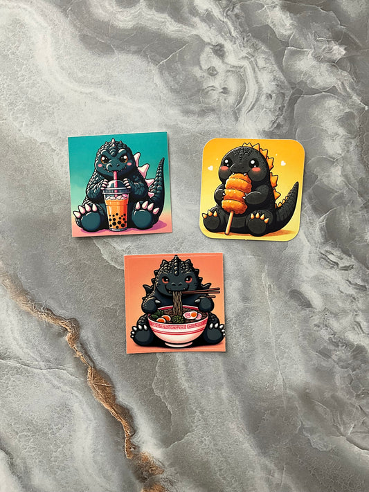 Godzilla Snacks Waterproof Stickers, Cute Kaiju Stickers, Cute Food Stickers, Anime Stickers