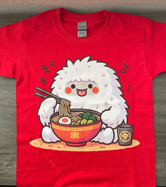 Yeti Eating Ramen Kids/Adult Unisex Tee, Anime Bigfoot Yeti Shirt, Cute Bigfoot Yeti Shirt, Cute Ramen Shirt, Cute Food Shirt