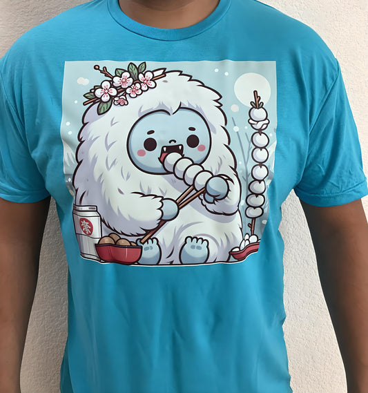 Yeti Eating Dango Kids/Adult Unisex Tee, Bigfoot Yeti Anime Shirt, Anime Food Shirt, Cute Bigfoot Yeti Shirt