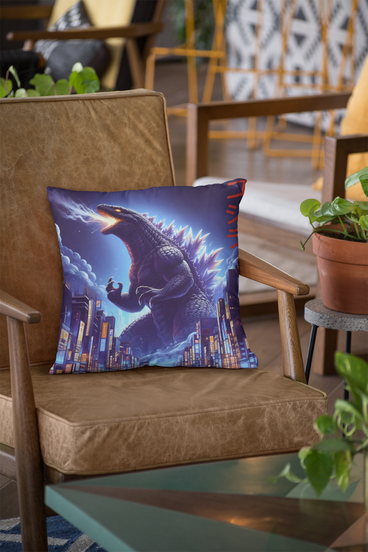 Godzilla In The City 16" x 16" Pillow, Anime Pillow, Gojira Pillow, Kaiju Pillow, Monster Pillow, Japanese Pillow