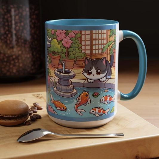 Kawaii Cat and Koi Pond 15 oz Mug, Cute Cat Mug, Cute Koi Mug, Cute Animal Mug, Anime Cat Mug