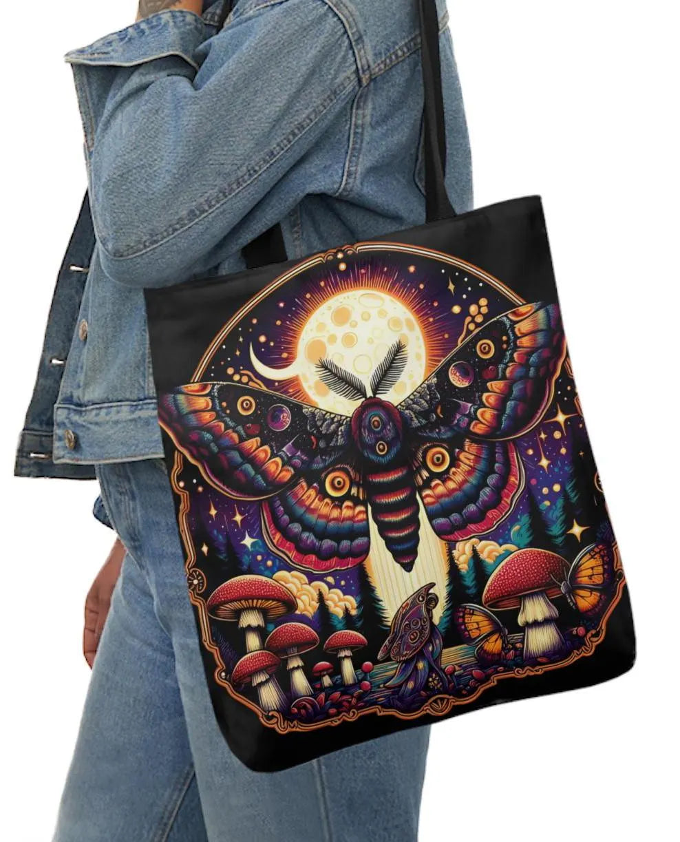 18" x 18" Inch Vibrant Moth And Mushroom Black Tote Bag, Vibrant Insect Tote Bag, Moth Bag, Mushroom Bag