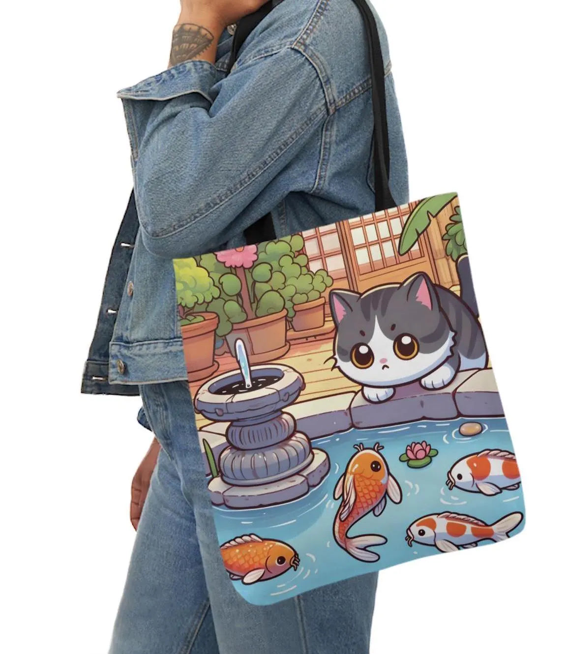 18" x 18" Inch Cute Anime Kawaii Cat Koi Pond Tote Bag, Cute Kawaii Anime Animal Tote Bag, Cute Anime Kawaii Fish Tote Bag