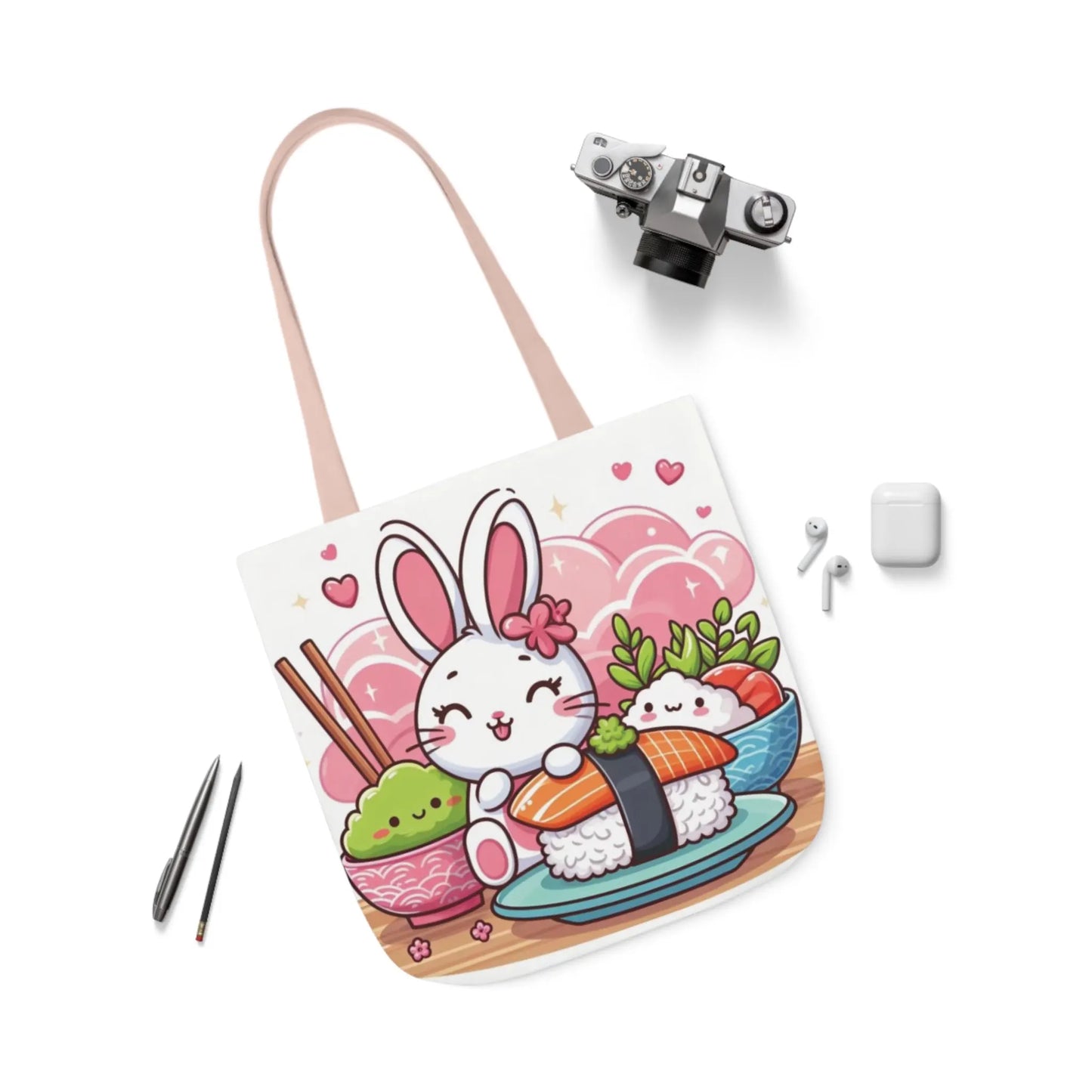 18" x 18" Inch Anime Kawaii Bunny Sushi Tote Bag, Cute Animal Tote Bag, Cute Food Bag, Cute Rabbit Tote Bag