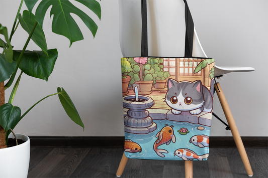 18" x 18" Inch Cute Anime Kawaii Cat Koi Pond Tote Bag, Cute Kawaii Anime Animal Tote Bag, Cute Anime Kawaii Fish Tote Bag