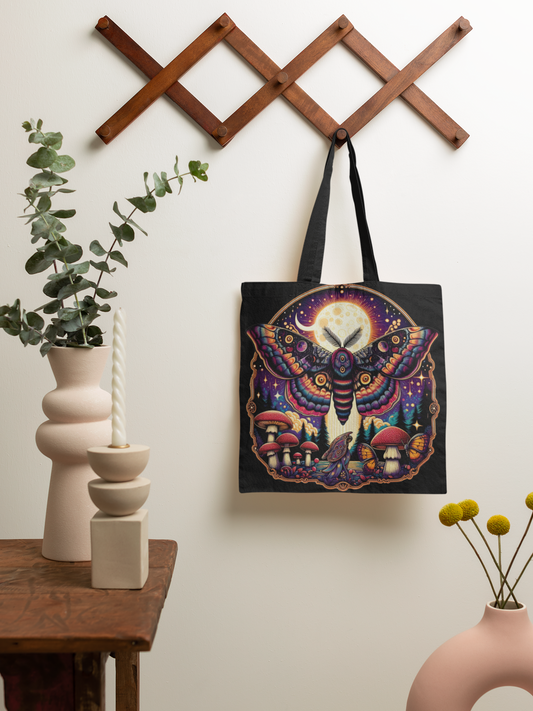 18" x 18" Inch Vibrant Moth And Mushroom Black Tote Bag, Vibrant Insect Tote Bag, Moth Bag, Mushroom Bag