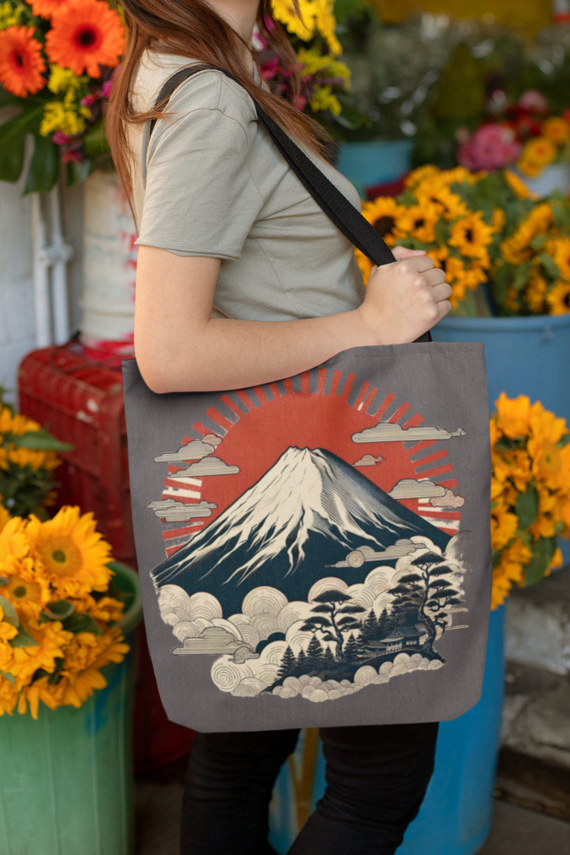 18" x 18" Inch Japanese Mt. Fuji Traditional Japanese Art Tote Bag, Travel Tote Bag, Nature Tote Bag, Mountain Tote Bag