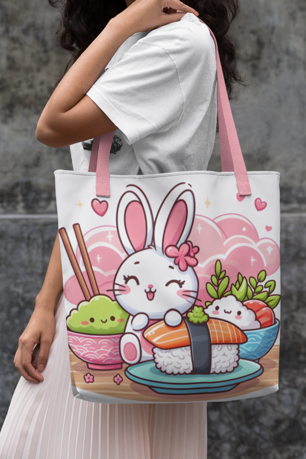 18" x 18" Inch Anime Kawaii Bunny Sushi Tote Bag, Cute Animal Tote Bag, Cute Food Bag, Cute Rabbit Tote Bag