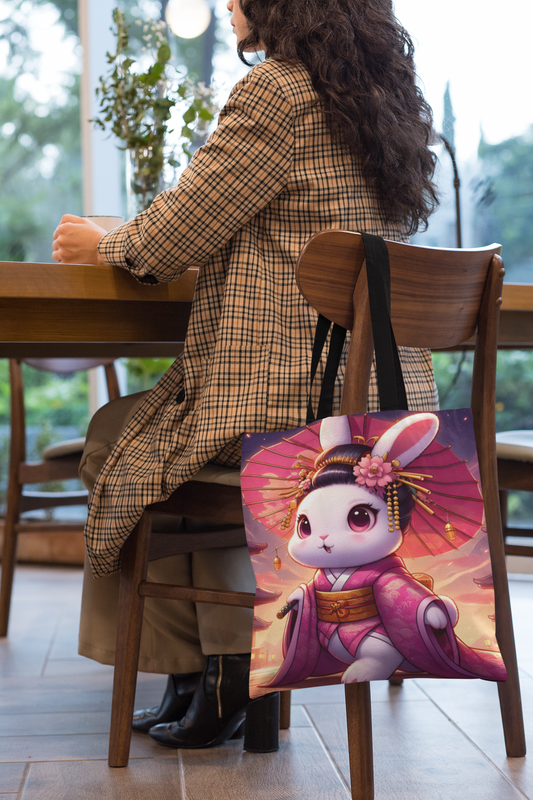 18" x 18" Inch Cute Anime Geisha Bunny Tote Bag, Cute Animal Bag, Japanese Tote Bag, Anime Animal Tote Bag, Rabbit Tote Bag